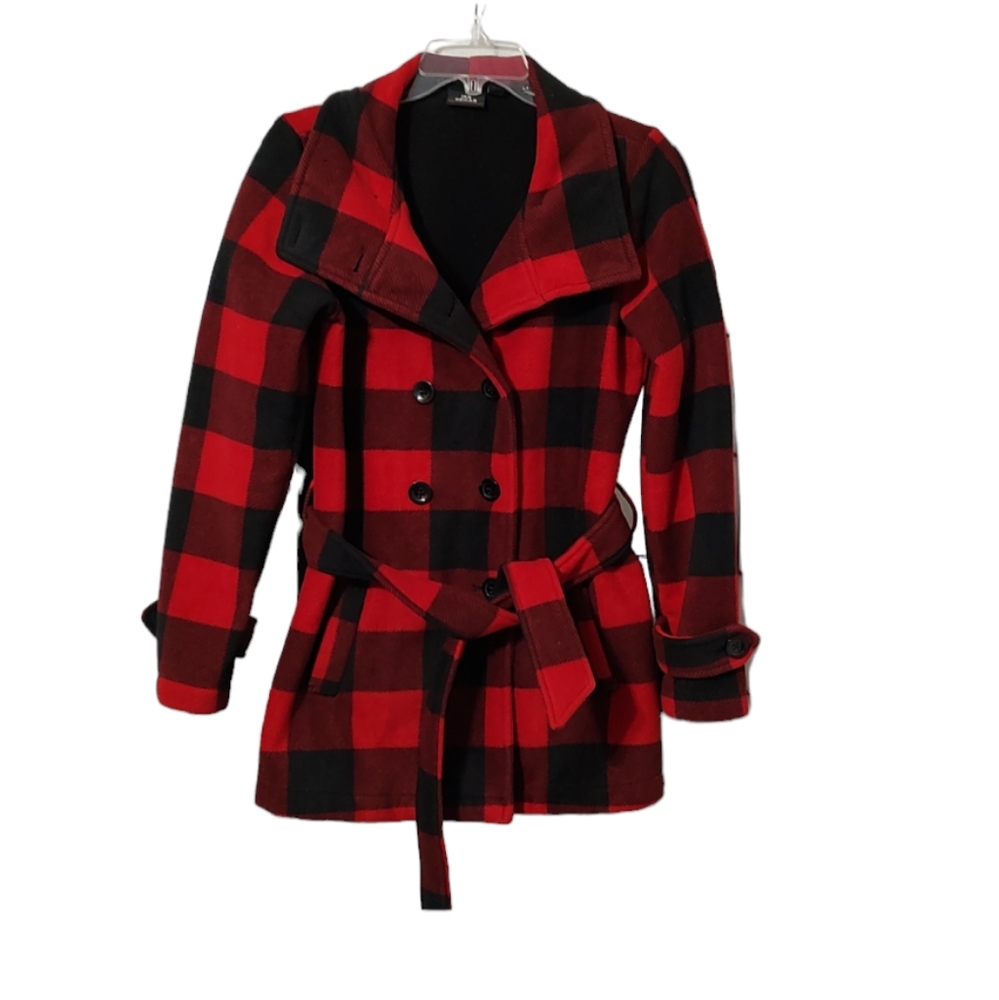 Red & Black Buffalo Plaid Ike Behar Fleece Coat with Belt sz Small - Picture 4 of 7